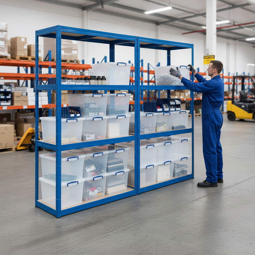 Premium 2x Shelving Units - 1600mm High - Blue with 12x 33.5L Storage Boxes - Side view