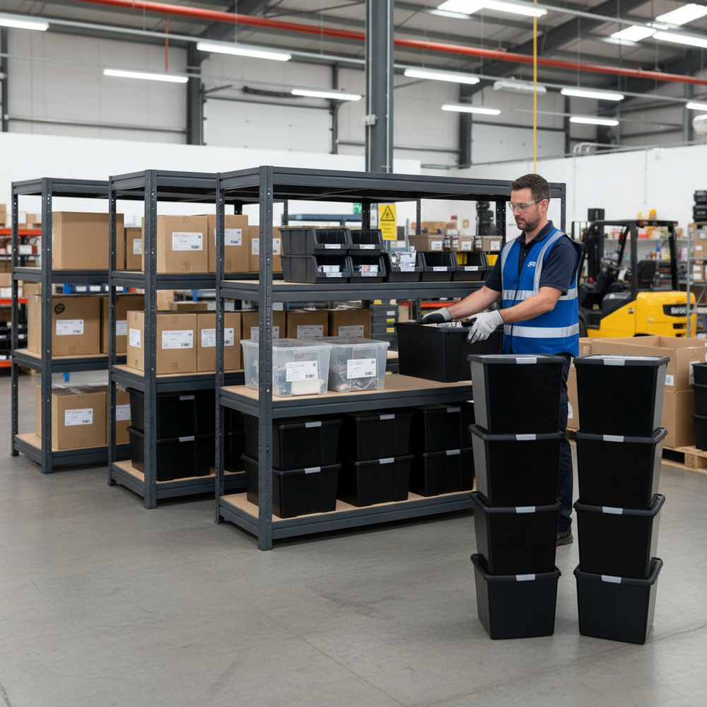 3x Premium Heavy Duty Shelving - 1770mm High - Grey with 8x 37L Plastic Storage Boxes - Side view