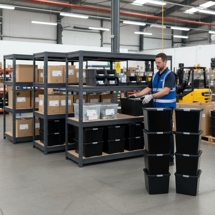 3x Premium Heavy Duty Shelving - 1770mm High - Grey with 8x 37L Plastic Storage Boxes - Side view