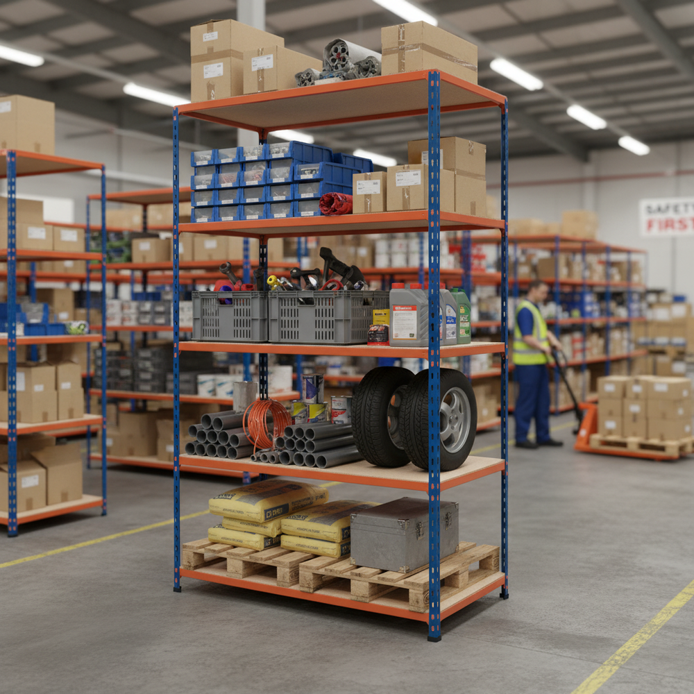 Premium Industrial Shelving - 2440mm High - 200kg Capacity - Chipboard - Blue & Orange - Side view