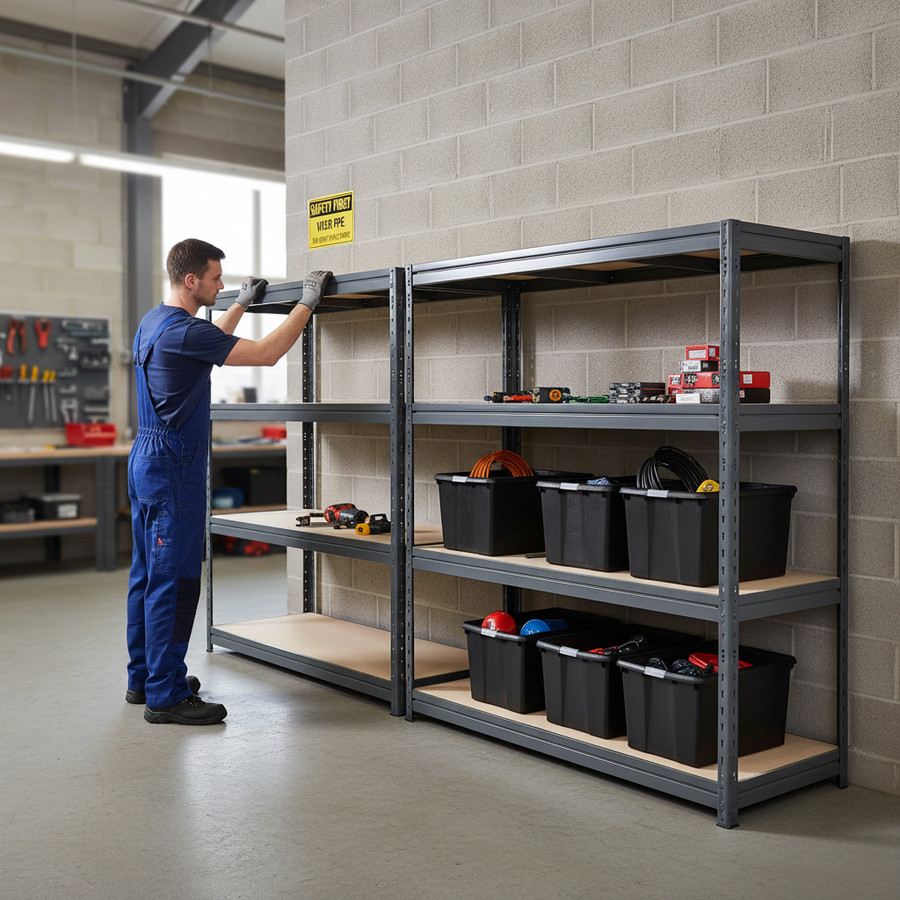 4x Premium Heavy Duty Shelving - 1770mm High - Grey with 8x 62L Storage Boxes - Front view