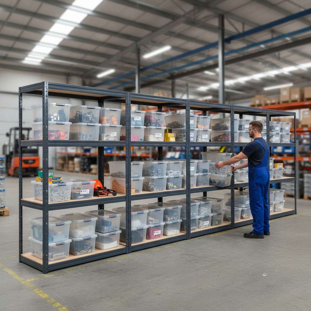 Premium Heavy Duty Shelving Units - 1600mm High with 8x 60L Plastic Storage Boxes - Side view