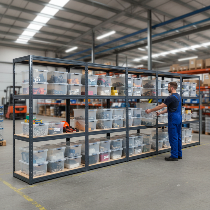 Premium Heavy Duty Shelving Units - 1600mm High with 8x 60L Plastic Storage Boxes - Side view