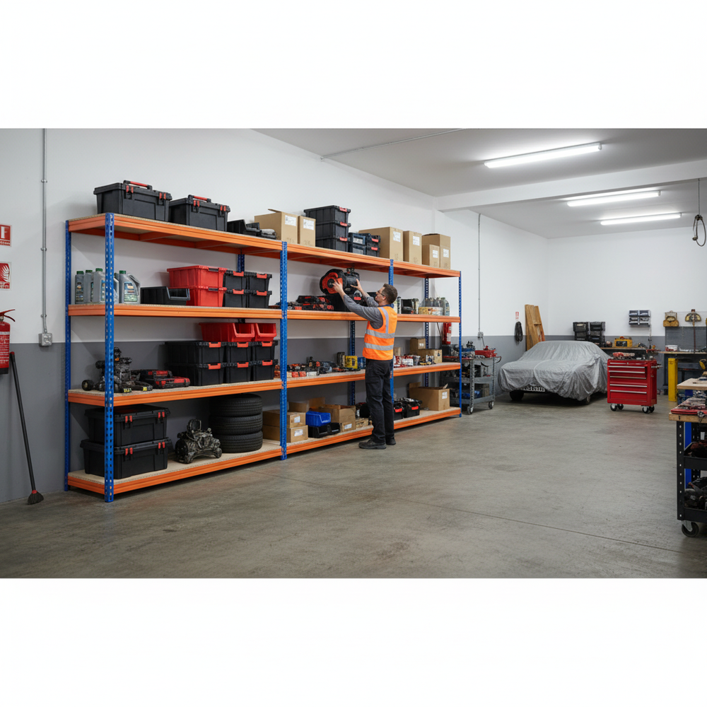 3x Premium Heavy Duty Garage Shelving - 2000mm High - 500kg Capacity - Blue & Orange - Side view