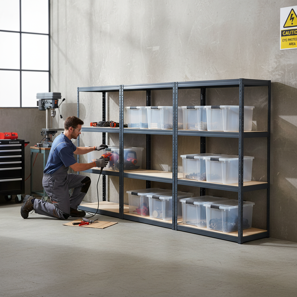 Premium Heavy Duty Shelving Units - 1600mm High with 8x 60L Plastic Storage Boxes - Front view