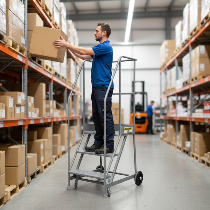 Heavy Duty Mobile Step Unit with Safety Grip - Grey - Side view
