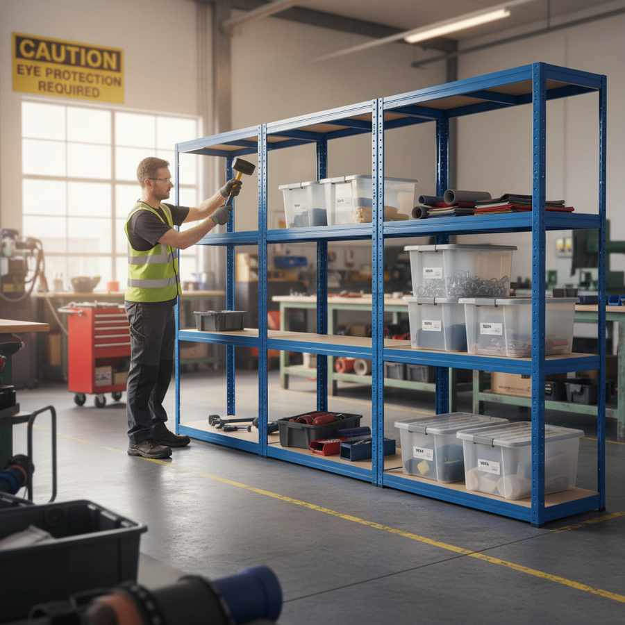 Heavy Duty 3x Shelving Unit - 1600mm High with 8x 60L Plastic Storage Boxes - Front view