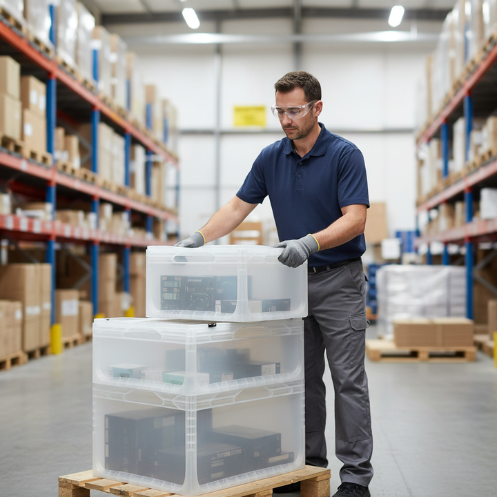 Heavy Duty Clear Euro Containers with Hinged Lids - All Sizes Available - Front view
