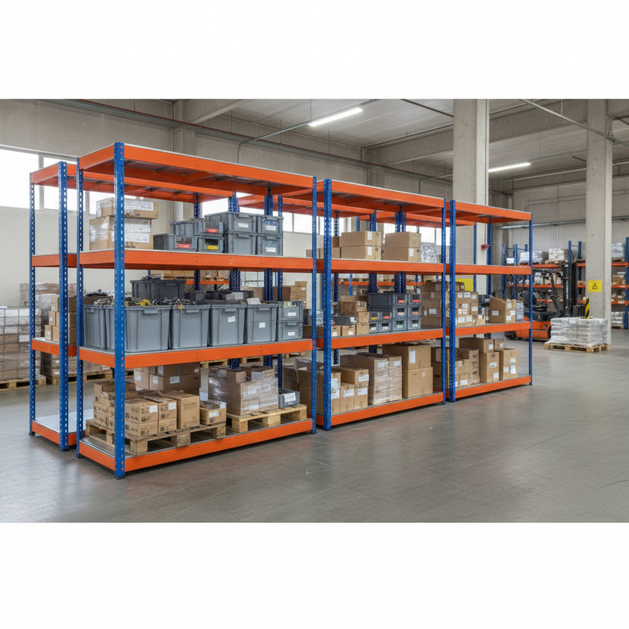 Heavy Duty Industrial Shelving - 2440mm High - 400kg Capacity - Steel - Blue & Orange - Front view