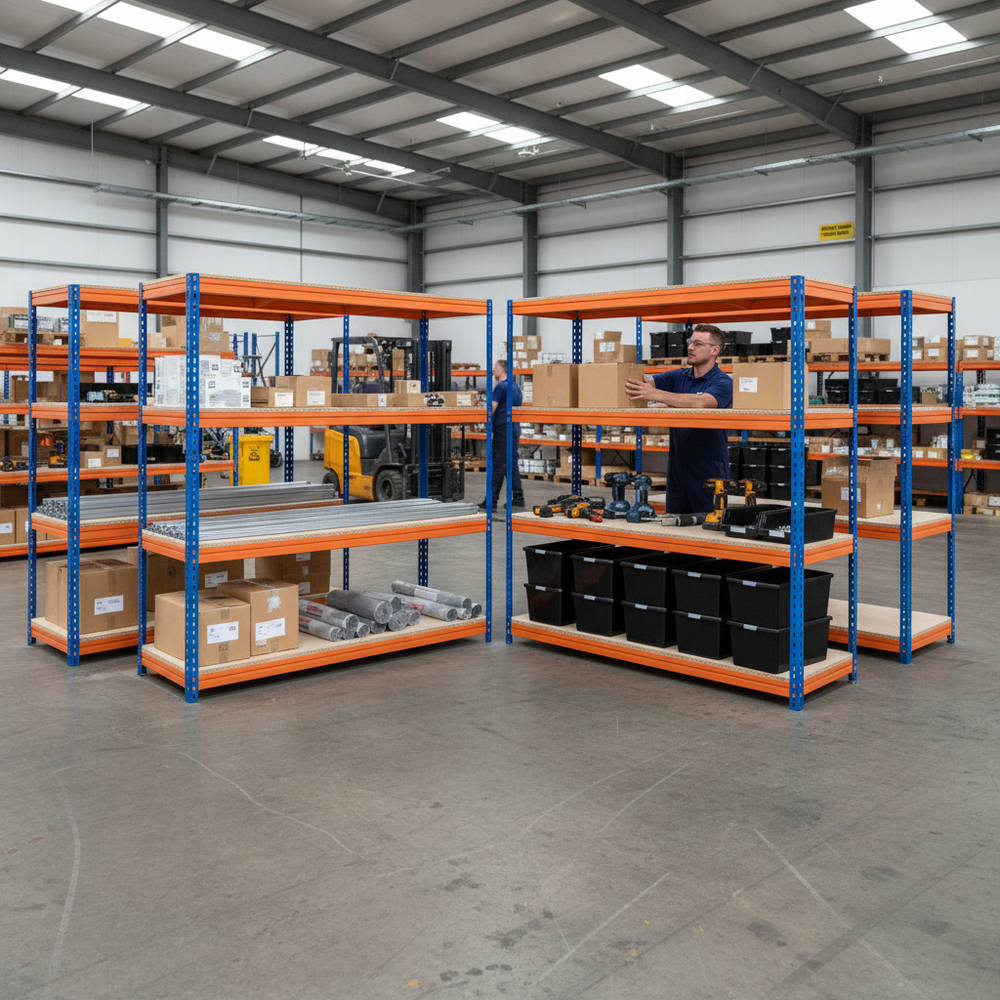 4x Premium Heavy Duty Shelving - 2200mm High - Blue & Orange with 12x 37L Plastic Storage Boxes - Side view