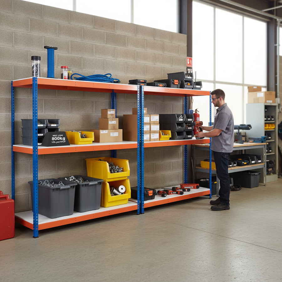 Heavy Duty Industrial Shelving - 1980mm High - 800kg Capacity - Blue & Orange - Front view