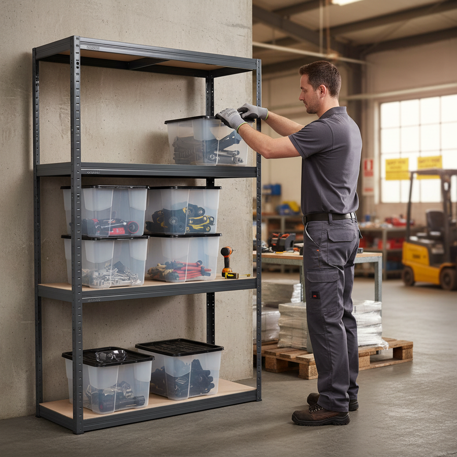 Premium 1600mm High Shelving Unit with 8x 24L Plastic Storage Boxes - Front view