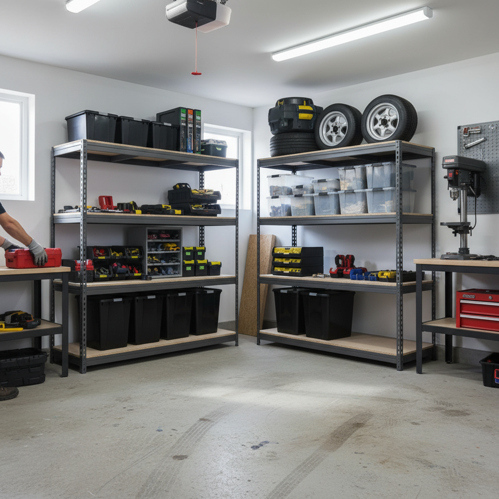 4x Premium Heavy Duty Shelving - 2200mm High - Grey with 8x 37L Plastic Storage Boxes - Side view
