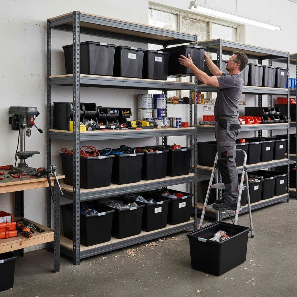 Heavy Duty Shelving - 1600mm High - Grey with 12x 37L Plastic Storage Boxes - Side view
