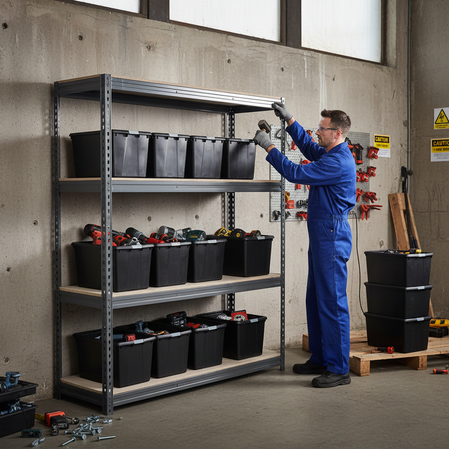 Heavy Duty Shelving Unit - 2000mm High with 12x 62L Plastic Storage Boxes - Front view