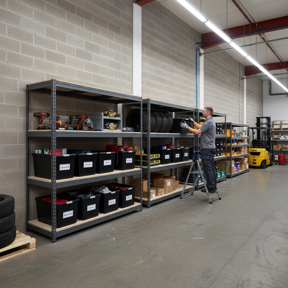 4x Heavy Duty Shelving Units - 2000mm High - Grey with 8x 62L Plastic Storage Boxes - Side view