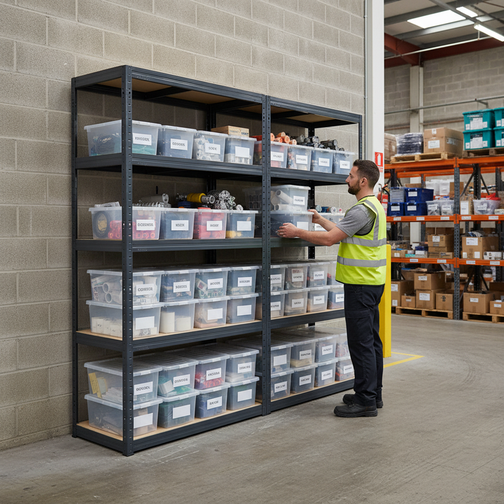 2x Heavy Duty Shelving Unit - 2130mm High - Grey with 12x 60L Plastic Storage Boxes - Side view
