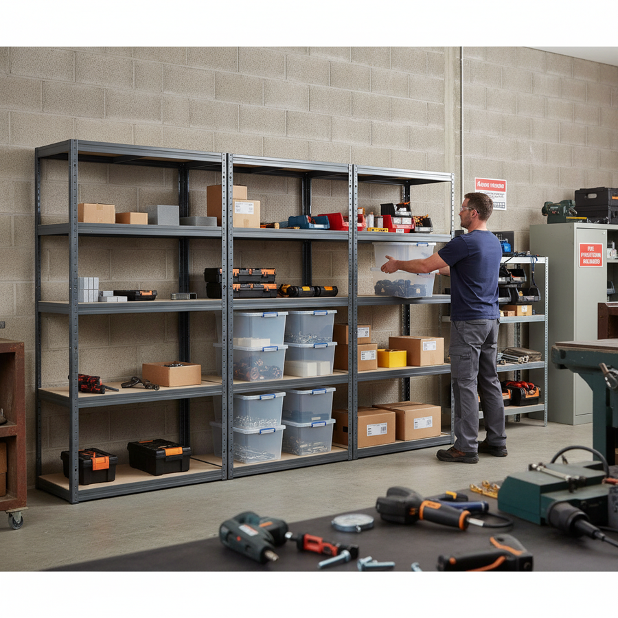 4x Heavy Duty Shelving Units - 1800mm High - Grey with 8x 33.5L Storage Boxes - Front view