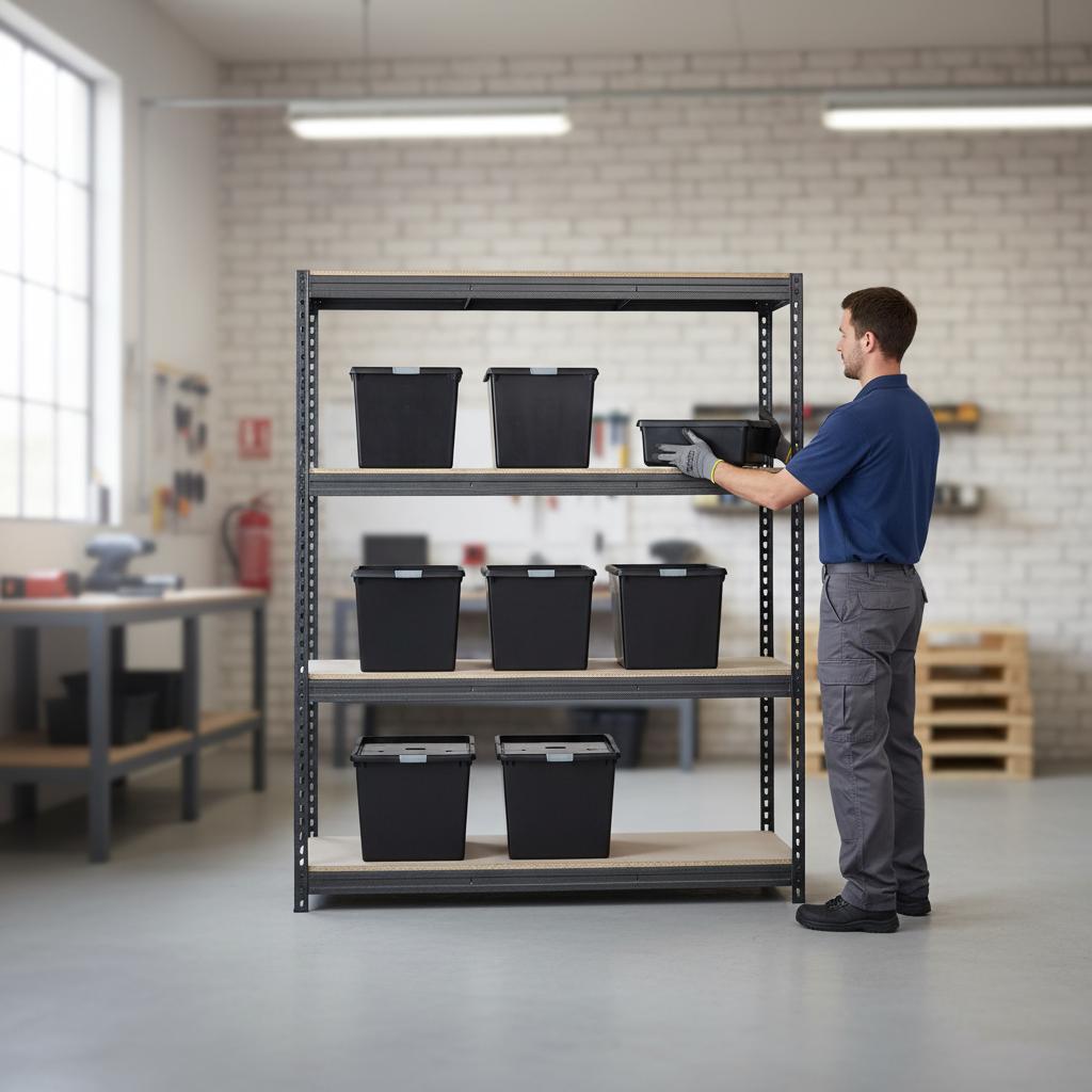 Premium Heavy Duty Shelving - 1800mm High with 8x 62L Storage Boxes - Front view