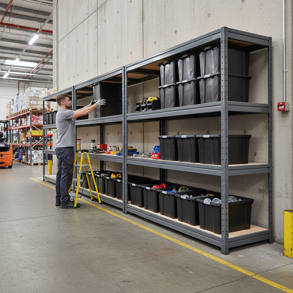 4x Premium Heavy Duty Shelving - 1770mm High - Grey with 8x 37L Storage Boxes - Side view