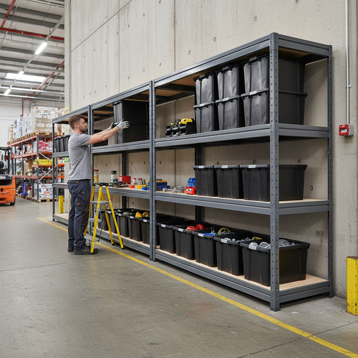 4x Premium Heavy Duty Shelving - 1770mm High - Grey with 8x 37L Storage Boxes - Side view