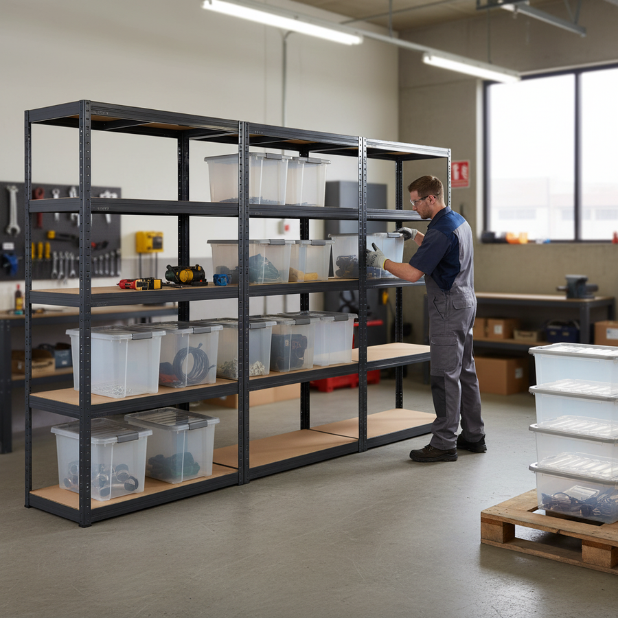 Heavy Duty 3-Tier Shelving Unit with 8x 60L Plastic Storage Boxes - Front view
