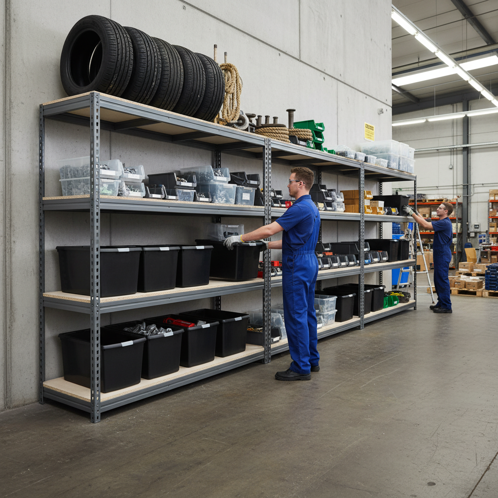 3x Premium Heavy Duty Shelving - 2200mm High - Grey with 8x 62L Plastic Storage Boxes - Side view