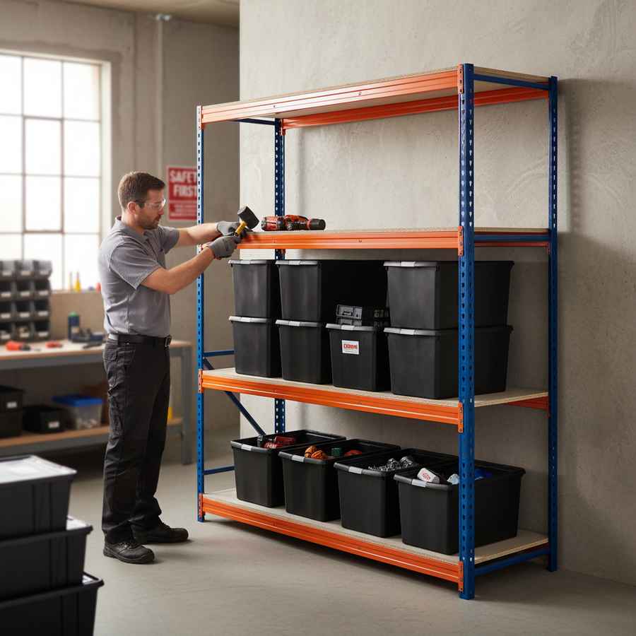 Premium Heavy Duty Shelving - 1600mm High - Blue & Orange with 8x 62L Plastic Storage Boxes - Front view