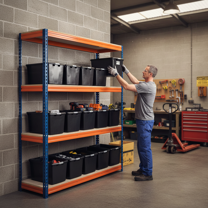 Premium Heavy Duty Shelving - 2000mm High with 12x 62L Plastic Storage Boxes - Front view