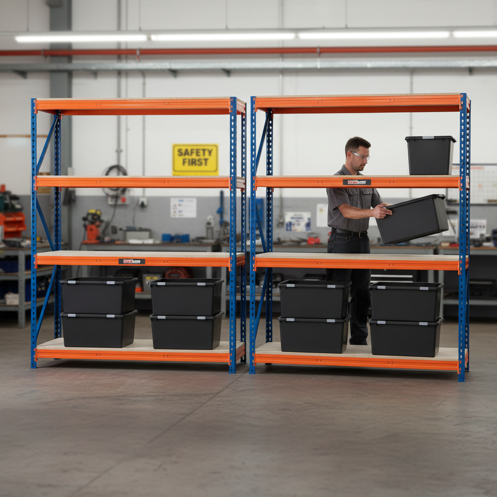 2x Heavy Duty Shelving - 1600mm High - Blue & Orange with 8x 62L Plastic Storage Boxes - Front view