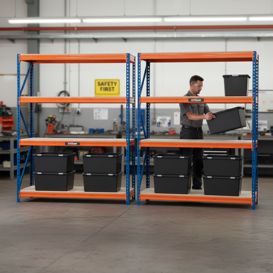 2x Heavy Duty Shelving - 1600mm High - Blue & Orange with 8x 62L Plastic Storage Boxes - Front view