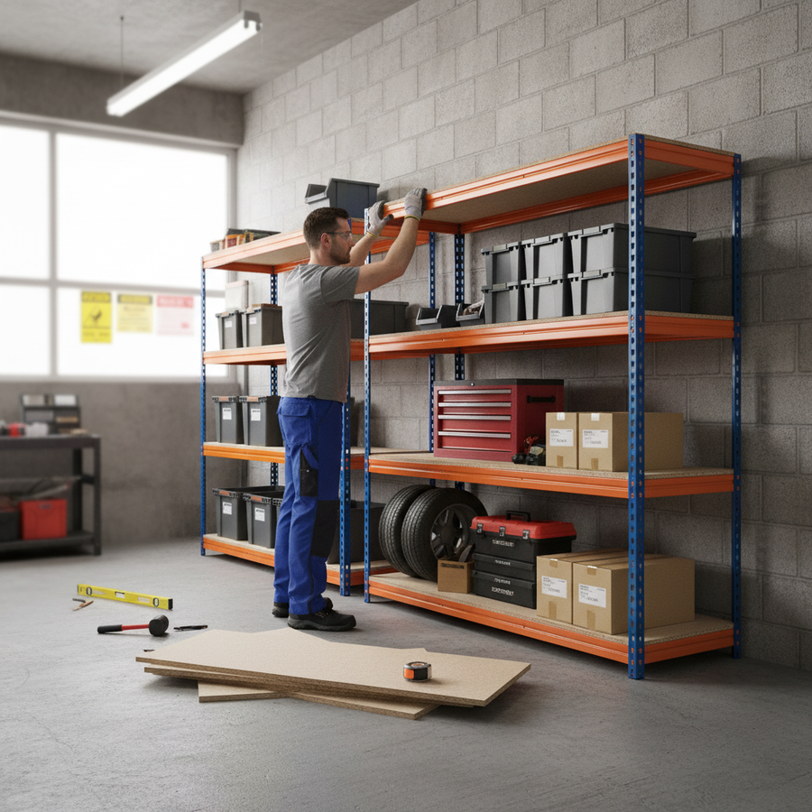 3x Premium Heavy Duty Garage Shelving - 2000mm High - 500kg Capacity - Blue & Orange - Front view
