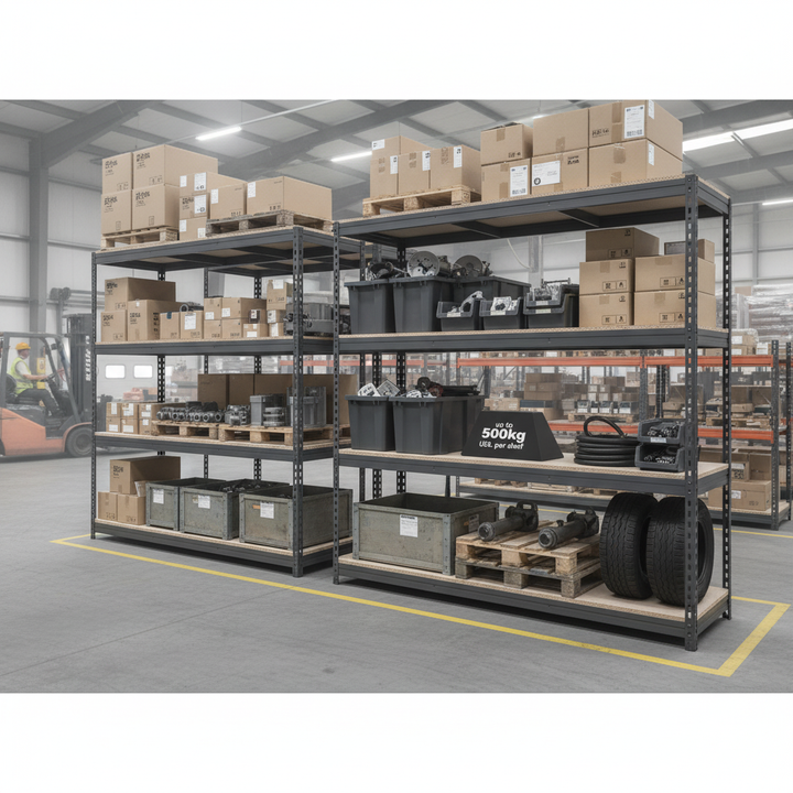 Heavy Duty Industrial Shelving - 2200mm High - 500kg Load Capacity - Grey - Side view