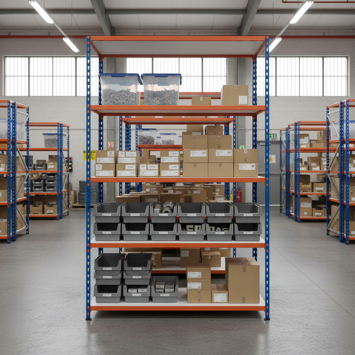 Premium Industrial Shelving - 2440mm High - 340kg Capacity - Melamine - Blue & Orange - Front view