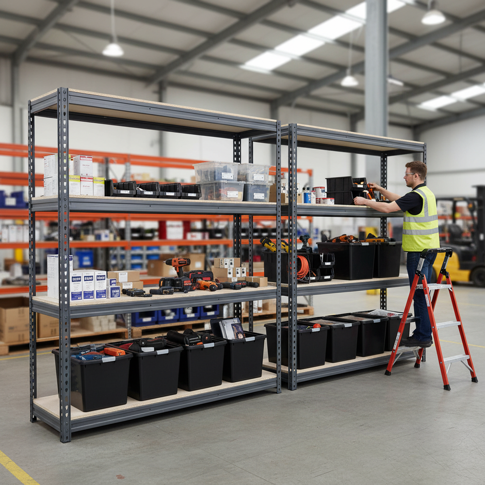 2x Heavy Duty Shelving - 2000mm High - Grey with 8x 37L Plastic Storage Boxes - Side view