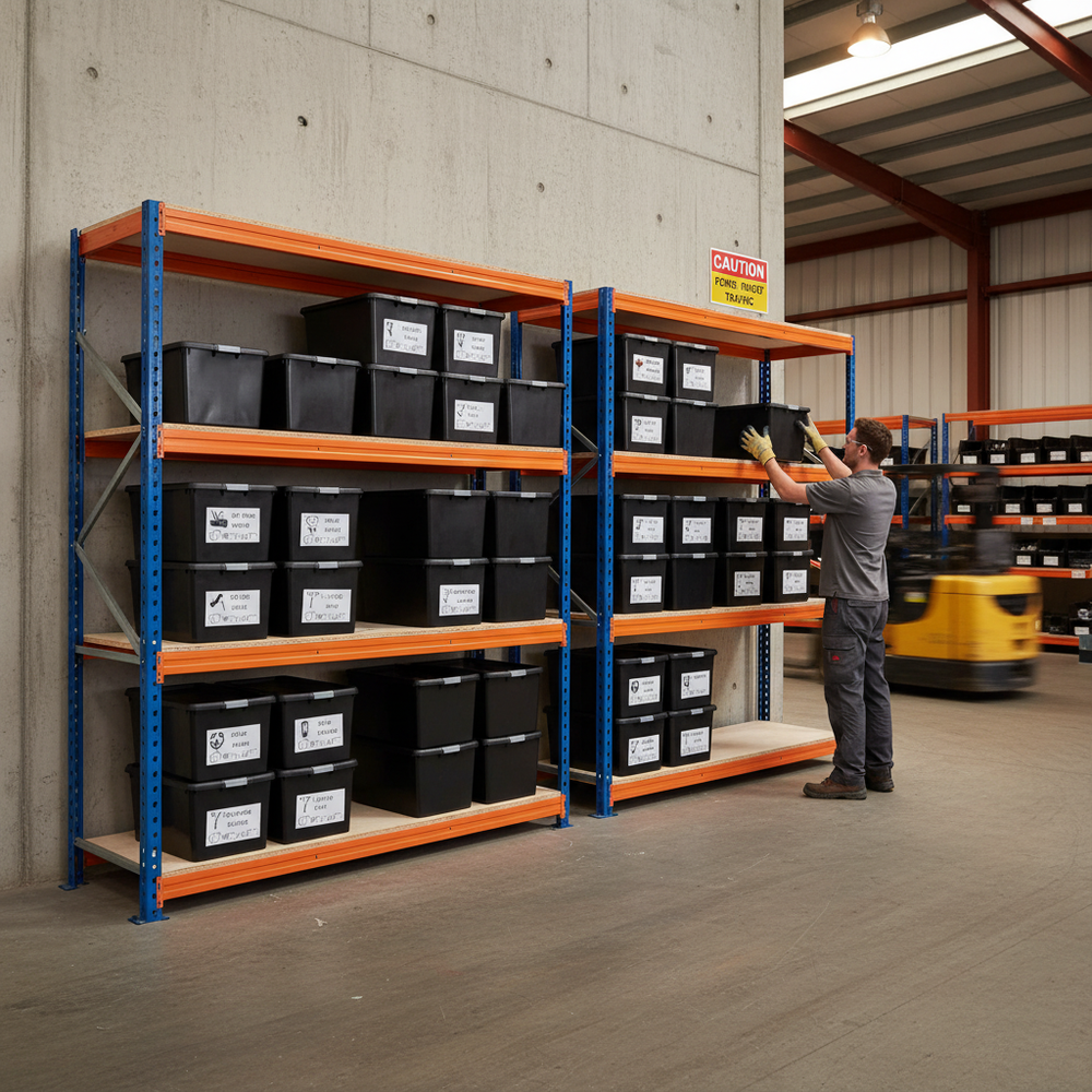 2x Heavy Duty Shelving - 2000mm High - Blue & Orange with 8x 37L Plastic Storage Boxes - Side view