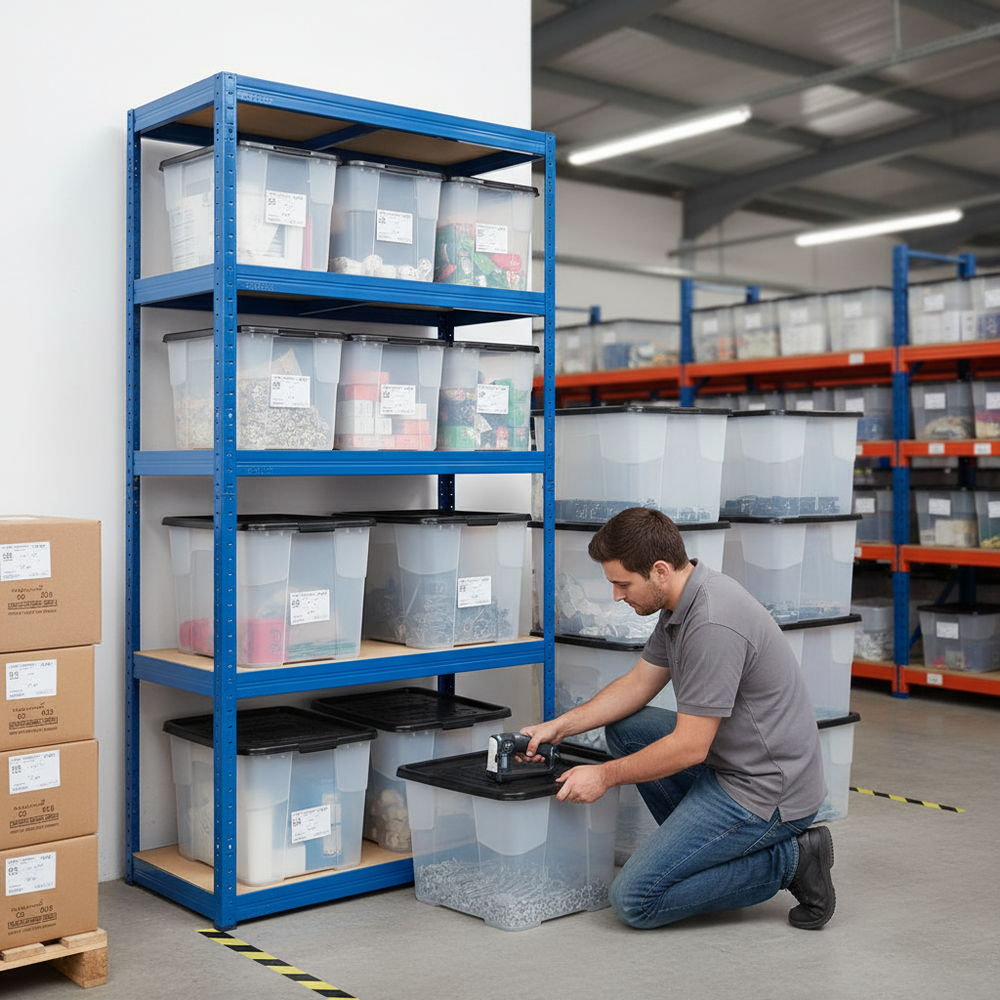 Heavy Duty Shelving Unit - 1800mm High with 8x 24L Storage Boxes - Side view