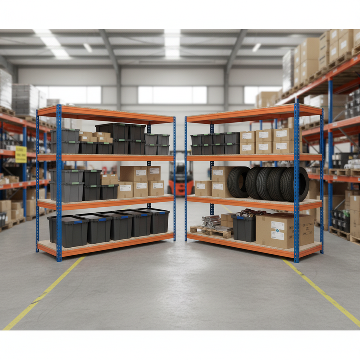 Premium Heavy Duty Garage Shelving - 1800mm High - 500kg Capacity - Blue & Orange - Front view