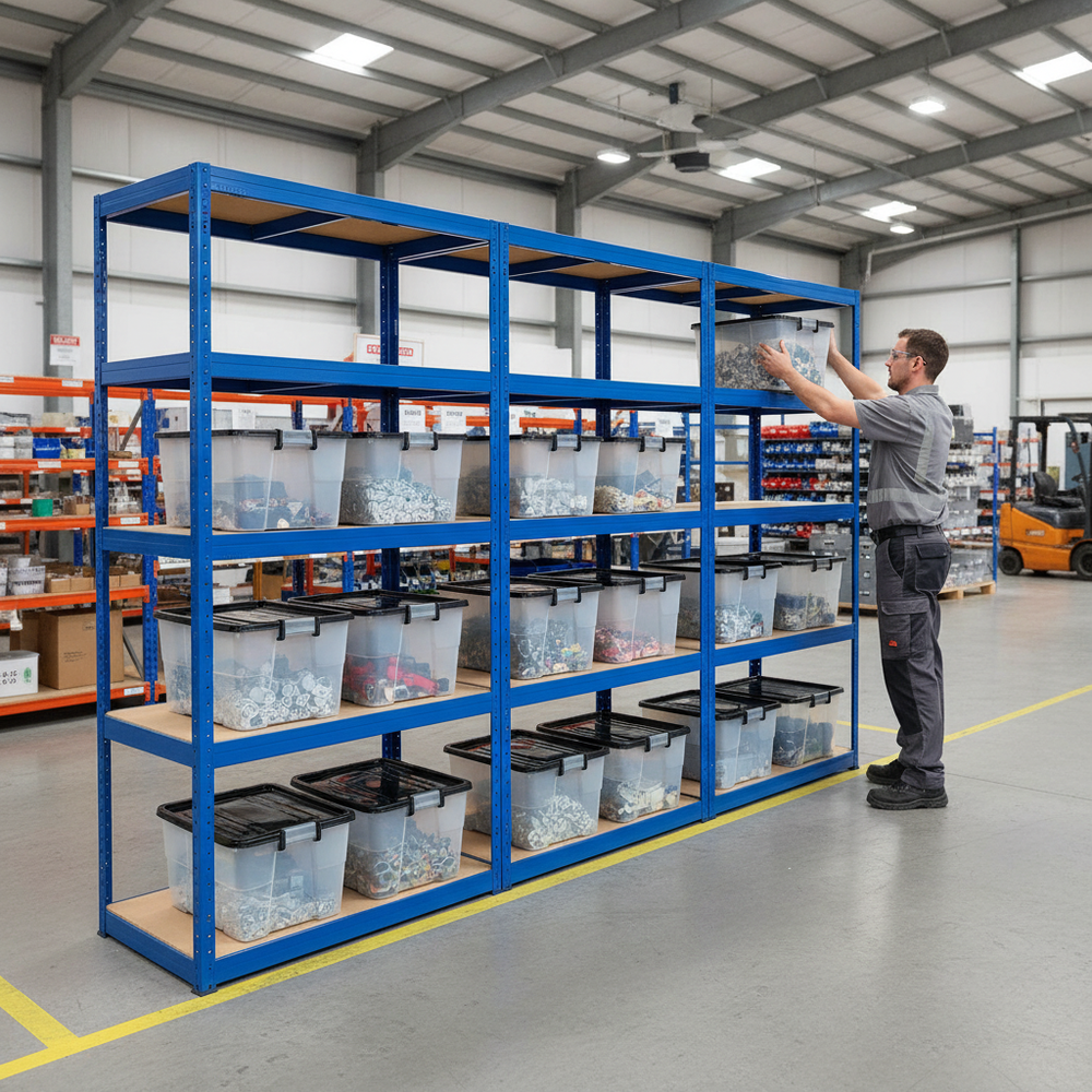 3x Heavy Duty Shelving Units - 1800mm High with 12x 24L Storage Boxes - Side view