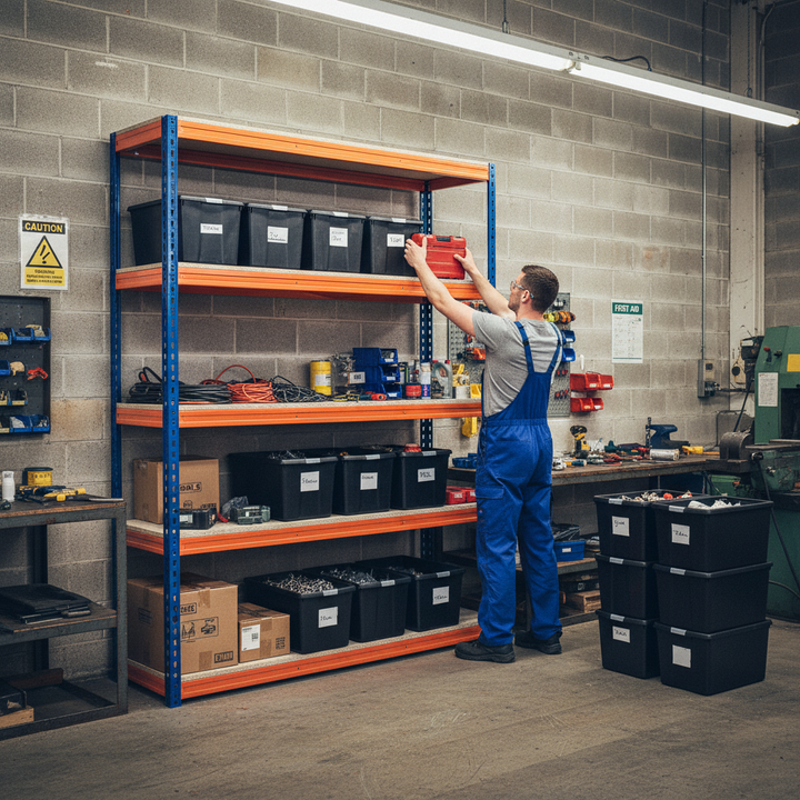 2x Heavy Duty Shelving Units - 1800mm High with 12 Durable Plastic Storage Boxes - Side view