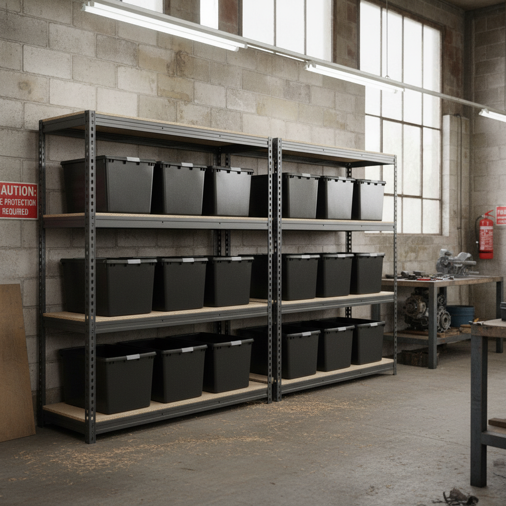 2x Heavy Duty Shelving - 2200mm High - Grey with 8x 62L Plastic Storage Boxes - Front view
