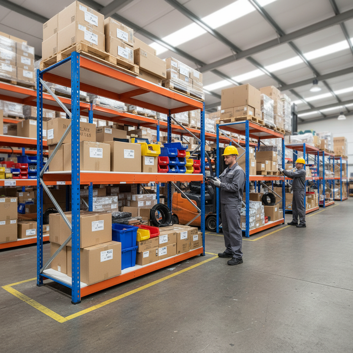Heavy Duty Industrial Shelving - 1980mm High - 800kg Capacity - Melamine - Blue & Orange - Side view