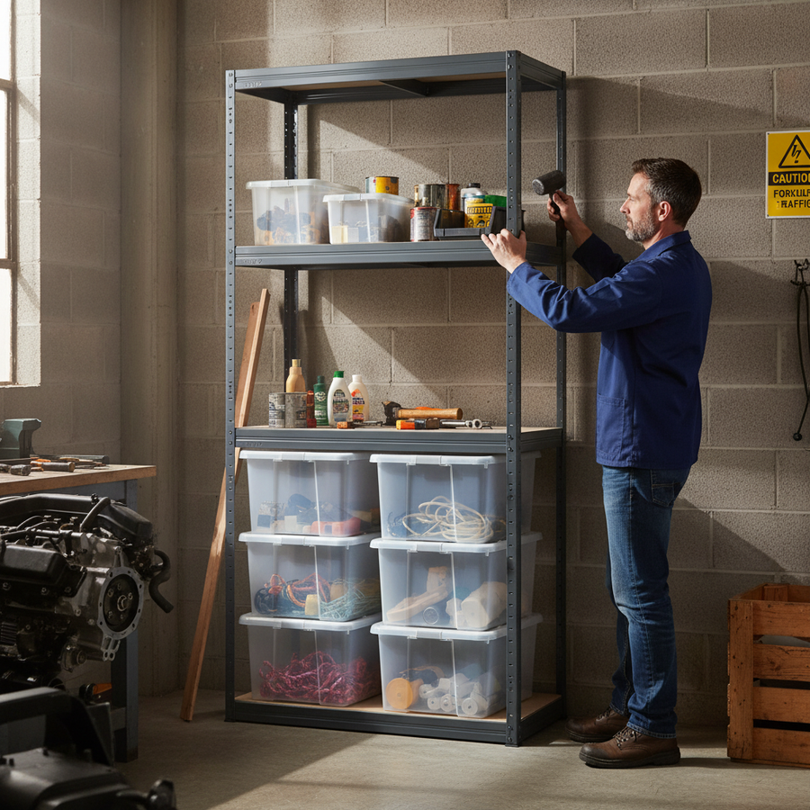 Heavy Duty Shelving Unit - 1600mm High - Grey with 8x 60L Plastic Storage Boxes - Front view