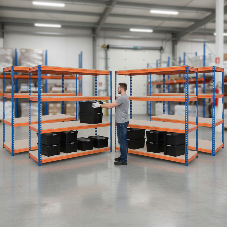 4x Premium Heavy Duty Shelving - 2200mm High - Blue & Orange with 8x 37L Plastic Storage Boxes - Front view