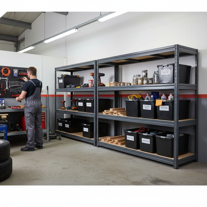 3x Heavy Duty Shelving - 1770mm High - Grey with 8x 62L Plastic Storage Boxes - Side view