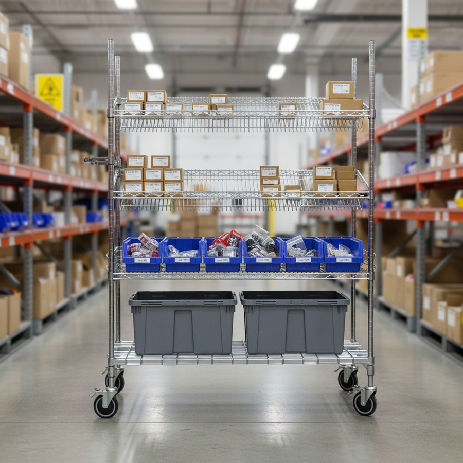 Premium Wire Picking Cart with Two Sloping Shelves - 4 Levels - Front view