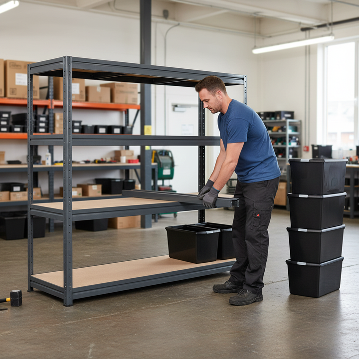 Premium Heavy Duty Shelving with 12x 62L Plastic Storage Boxes - 1770mm High - Side view