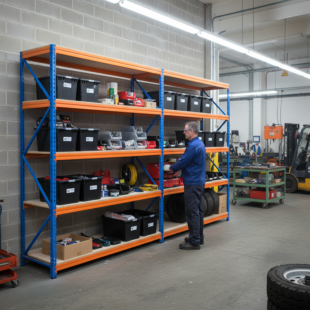 3x Premium Heavy Duty Shelving - 1600mm High - Blue & Orange with 8x 62L Plastic Storage Boxes - Side view