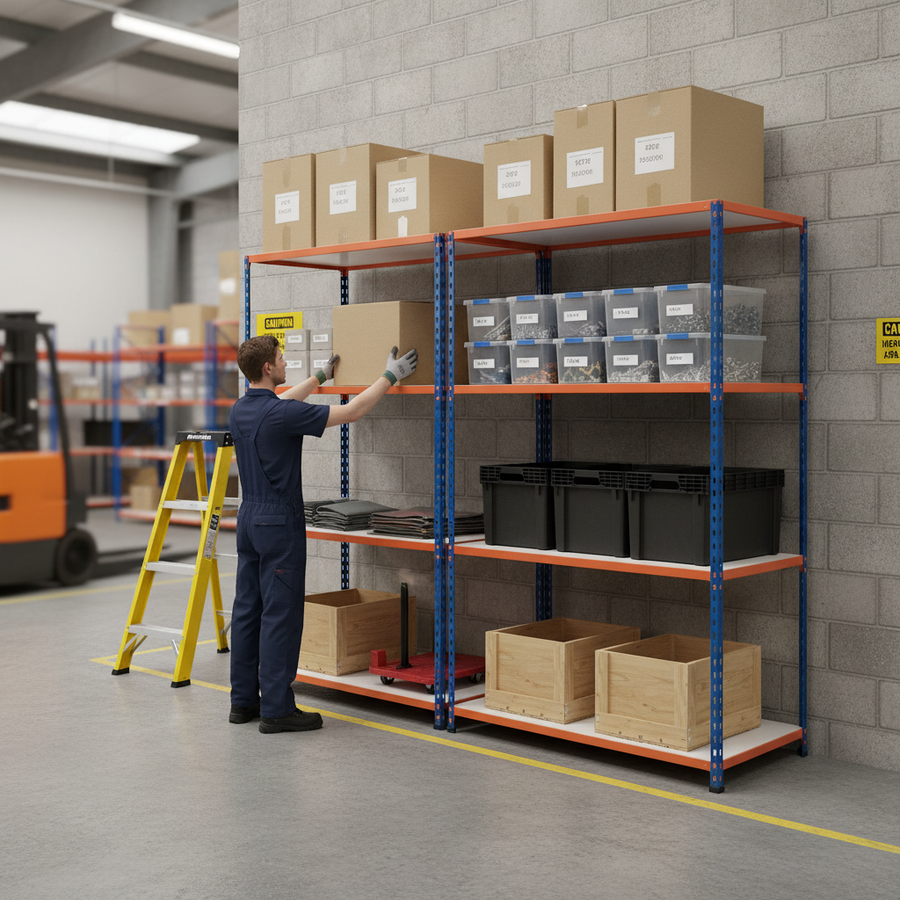 Heavy Duty Industrial Shelving - 1980mm High - 340kg Capacity - Melamine - Blue & Orange - Front view