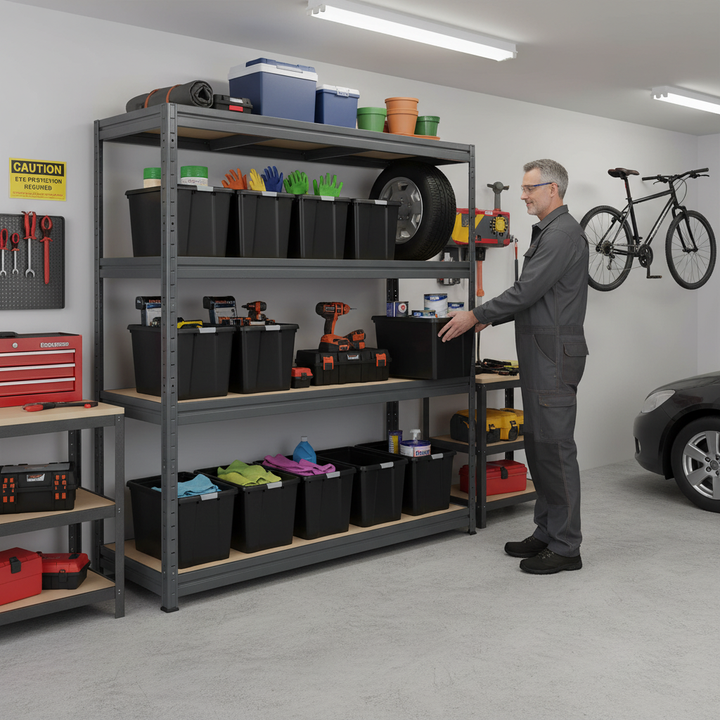 Premium Heavy Duty Shelving with 12x 37L Plastic Storage Boxes - 1770mm High - Grey - Side view